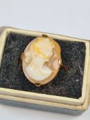 9ct yellow gold ring with oval cameo in 4 claw mount, marked 9ct, size N, approx 2.94g