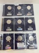 16 uncirculated change checker 50 pence pieces, mostly 2022 and 2019 to include Harry Potter, The Sn