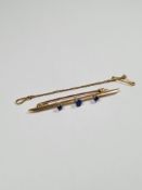 18ct yellow gold bar brooch set 3 blue stones, marked 18ct, 5cm, approx 3.28g