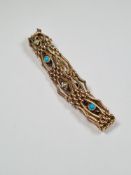 Victorian 9ct yellow gold gatelink bracelet, each panel set alternating turquoise and seed pearls, w
