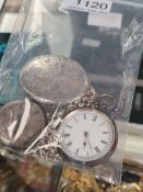 Two silver cased fob watches and large oval locket with floral decoration hung on silver belcher cha