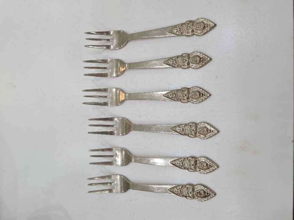 A set of six small forks having embossed, decorative handle. Stamped Thailand Silver. 2.76ozt approx