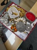 Tray of vintage costume jewellery including gold plated penknife, etc