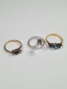 Three 18ct gold rings, AF, all stones missing, all marked, approx 9.12g