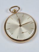 Omega; a 9ct gold Omega open face keyless pocket watch, with champagne dial and gold baton markers,