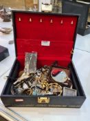 Jewellery box and contents to include 9ct gold mounted opal pendant, watches, necklaces, etc