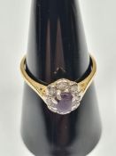 18ct yellow gold amethyst (worn) and diamond chip cluster ring,, size P, marked 18ct, approx 3.64g