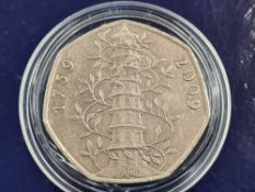 A circulated Kew Gardens 2009 50pence piece and old UK entry to EEC 50 pence piece. With a 1973 EU 5