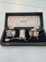 A cased silver cruet set having scalloped design rim, and decorative feet. Having Bristol blue inser