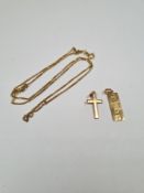 9ct yellow gold fine neckchain, a 9ct gold pendant and 9ct gold cross pendant, all marked 375, appro