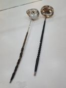 Two silver toddy ladles, one having beaded border and feather design, half handle, Geogian, 1775, po