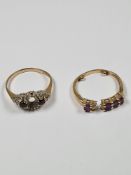 Two 9ct yellow gold dress rings, both AF, stones missing, one amethyst, one sapphire and diamond chi