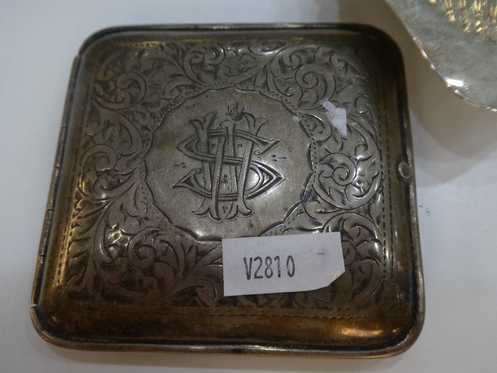 A silver cigarette case having engraved foliate scrolls and initialled front. Engraved message on th - Image 2 of 6