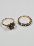 Two 9ct yellow gold rings, one a half hoop example set coloured  stones AF some missing and a sapphi