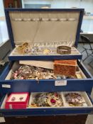 Jewellery box and contents to include silver bangle, brooches, paste jewellery, earrings, etc
