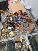 Tray of mixed costume jewellery and watches, etc