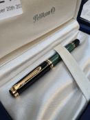 Pelikan M600 Green striated fountain pen in fitted case, with Pelikan leather two pen holder