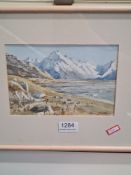 Aston Greathead, a small watercolour of New Zealand landscape, with snow covered peaks and sheep, si