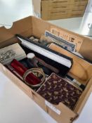 Box of mixed items to include watches, bank notes, stick pins cased silver pen, bangle, etc