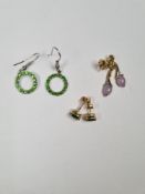Pair of 9ct gold studs set with oval cut tourmaline, pair 9ct yellow gold drop earrings, with small