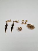 Selection of yellow metal earrings including studs, drop examples, etc, approx 2.16g