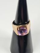 9ct yellow gold signet ring with square panel set large round cut amethyst in 4 claw mount, marked 3