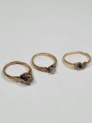 9ct yellow gold dress ring set with round cut diamond and two others all marked 375, lot weight appr