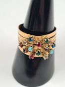 Yellow gold dress ring set with multi coloured stones, AF, split band, foreign hallmarks, approx 3.4