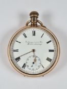 Gold plated pocket watch with white enamel dial with black Roman numerals, subsidiary seconds dial,