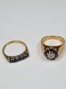 Two 18ct yellow gold sapphire dress rings, one a diamond and sapphire cluster example and the other