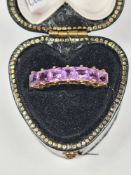 9ct yellow gold dress ring set 7 square cut amethyst in claw settings, size Q, approx 1.8g