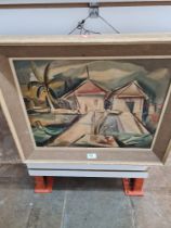 A 1950s continental oil of figures and beach huts beside palm tree indistinctly signed 50 x 39cm