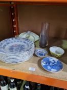 Seven Meissen style blue and white soup plates, a 20th Century Chinese yellow ground bowl and sundry