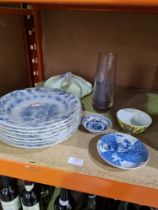 Seven Meissen style blue and white soup plates, a 20th Century Chinese yellow ground bowl and sundry