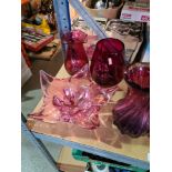 A selection of Cranberry glass, vases, dishes, etc