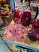 A selection of Cranberry glass, vases, dishes, etc