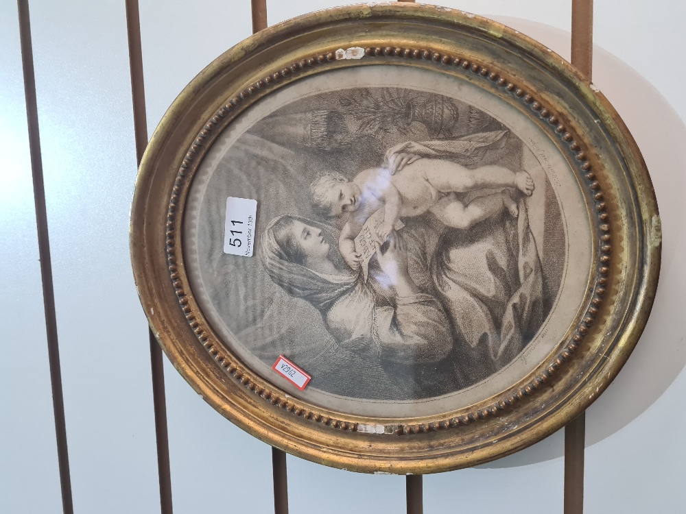 An antique oval Bartolozzi print of Mother and Child in gilt frame