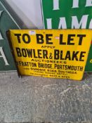 An old enamelled advertising sign for Bowler and Blake Auctioneers, Portsmouth, 46 x 35.5cm