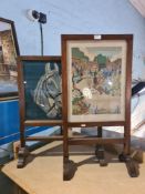 Two needlework fire screens and 2 modern oil paintings