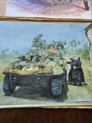 Seven modern watercolours of World War II Military vehicles and figures, probably all by the same ha