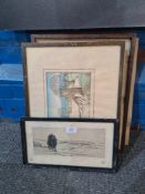 An etching by Frank Short, 3 watercolours by Spring Hetty and other pictures
