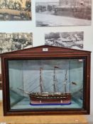Antique model of 3 masted Ship Guiding Star, in glazed mirrored display case. The ship being 50 x 30
