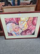 An anatomical style watercolour of two figures kissing and one other pastel picture, both unsigned