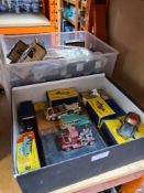 Two boxes of diecast vehicles, to include a boxed Dinky 138 Hillman Imp and a Corgi E-Type Jaguar