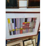 An abstract Mondrian in style picture and a selection of pictures and prints, some depicting Queen V