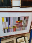 An abstract Mondrian in style picture and a selection of pictures and prints, some depicting Queen V