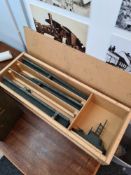 Wooden model submarine in custom packing case. Length 200cm in 4 separate sections, with metal guns