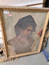 A late 19th Century, oil portrait painting of Italian farmer, unsigned, in badly damaged Florentine