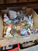 Two small boxes of mixed items including pin cushion dolls and compacts