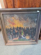 A modern oil of figures beside bonfire titled November Fifth, inscribed on reverse of canvas Long Sh
